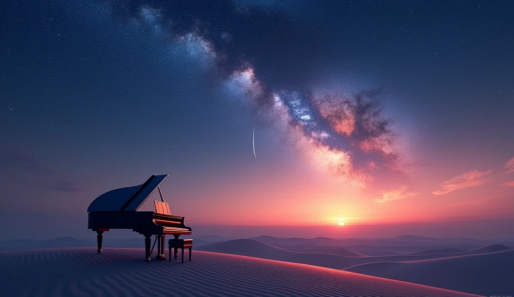 「Starry Skyの下、グランドpianoが置かれた花畑、dawn、青いグランドpiano、nebula、Fantastic landscape」
「グランドpiano、Starry Sky、planet、universe、Mysterious atmosphere、Digital Art」
「piano、desert、sunset、Fantastic landscape、Silence、Lonely」