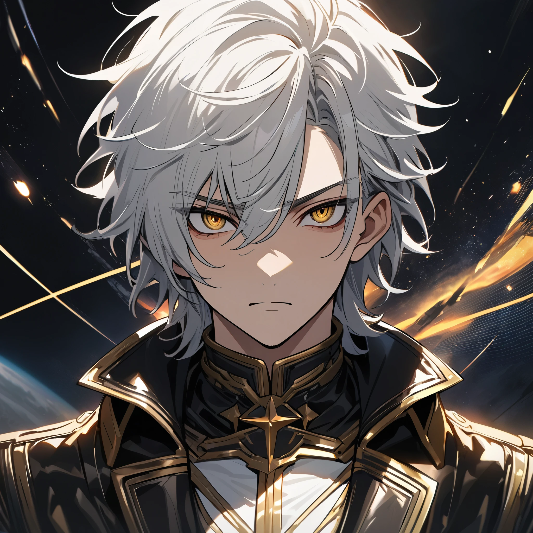 High quality, HD, 4k, no shadows, handsome male, 1male, 17 years old, teenager, short white hair, silver hair, white hair, sharp eyes, dark golden colored eyes, deep golden eyes, dark gold eyes, gold eyes, devil may cry, close up, calm expression, stoic expression, black leather clothes, white leather clothing, lean body, well trained body, upper body, looking at viewer, cowboy shot, white solar, space background