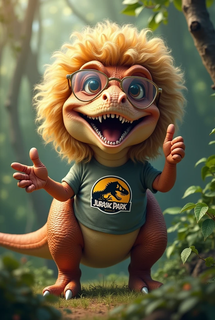 A blonde t-rex with long curly hair, who wears glasses with transparent frames, wearing a jurassic park shirt giving a thumbs up