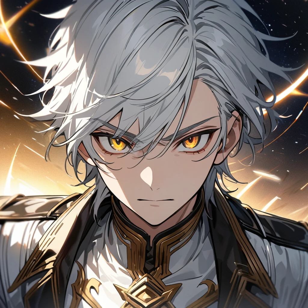 High quality, HD, 4k, no shadows, handsome male, 1male, 17 years old, teenager, short white hair, silver hair, white hair, sharp eyes, dark golden colored eyes, deep golden eyes, dark gold eyes, gold eyes, devil may cry, close up, calm expression, stoic expression, black leather clothes, white leather clothing, lean body, well trained body, upper body, looking at viewer, cowboy shot, white solar, space background