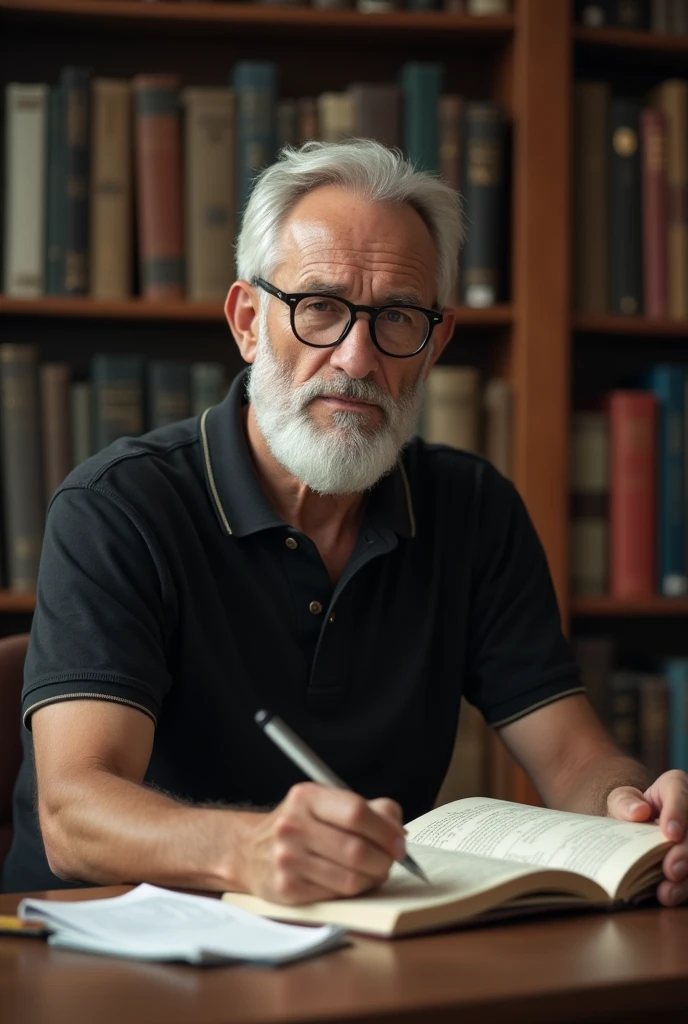 Caucasian man white beard bald , thin face , round glasses with black rim and tinted lenses, black polo shirt studying in a library