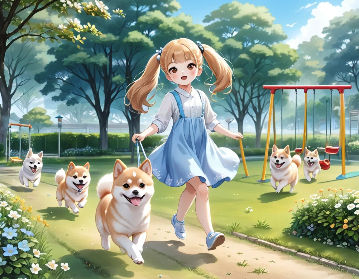 Light blue long hair、Beautiful girl with twin tails、A park full of grass and flowers、There are slides and swings、Five little characters playing、My beloved Shiba Inu dog is running around happily.、