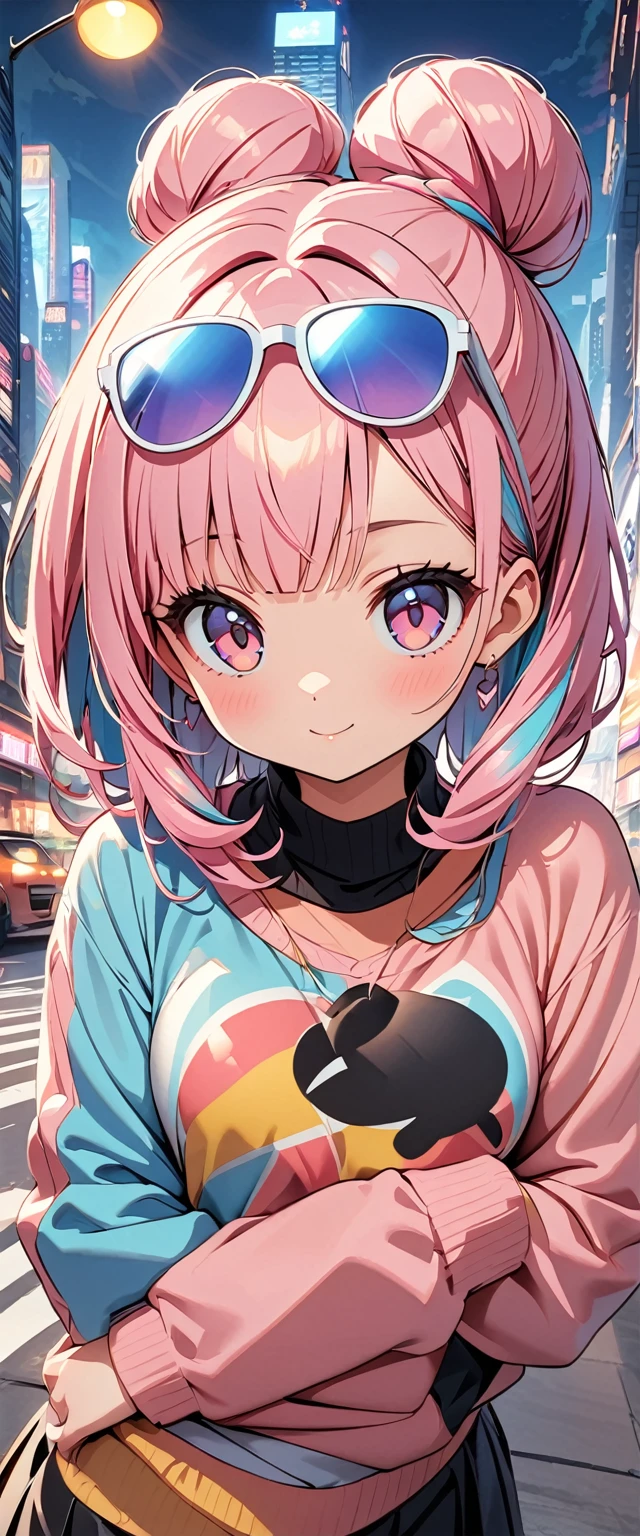 (Highest quality:1.2、City Pop Style、Very detailed、up to date、vivid、High contrast、masterpiece:1.2、Highest quality、Best aesthetics)、girl、Colorful Hair、(Hair Ribbon:0.4), Pink Eyes,(((White bun hair))),(((Pink long hair)))、Pastel colors、1980s Style、((Future metropolis、Retro、vintage))、Logo Jumper、(Sunglasses on head)。