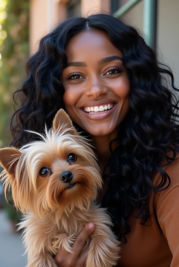 there is a black woman , the woman has curly black curly, she has brown skin, with dark brownish skin, with long curly, long black curly hair she is taking a long shot selfie while holding her Yorkshire terrier