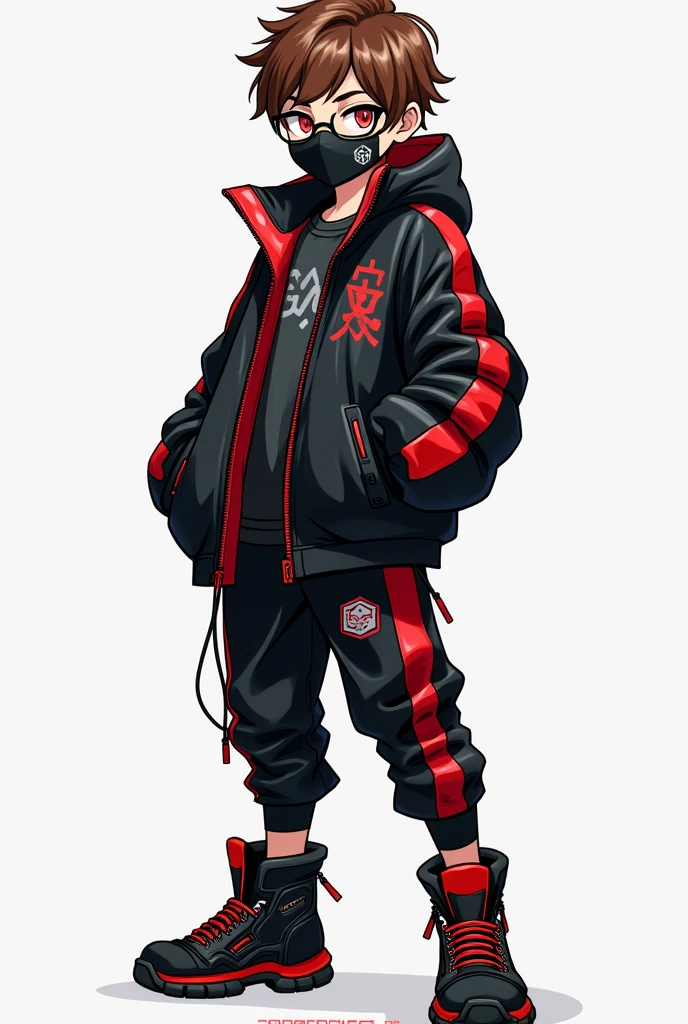 A brown-haired boy with Gojo glasses wearing a black jacket with red stripes and other details,as well as using a black mask , wear black pants with red stripes and finally wear a pair of robotic boots and a gamer logo
