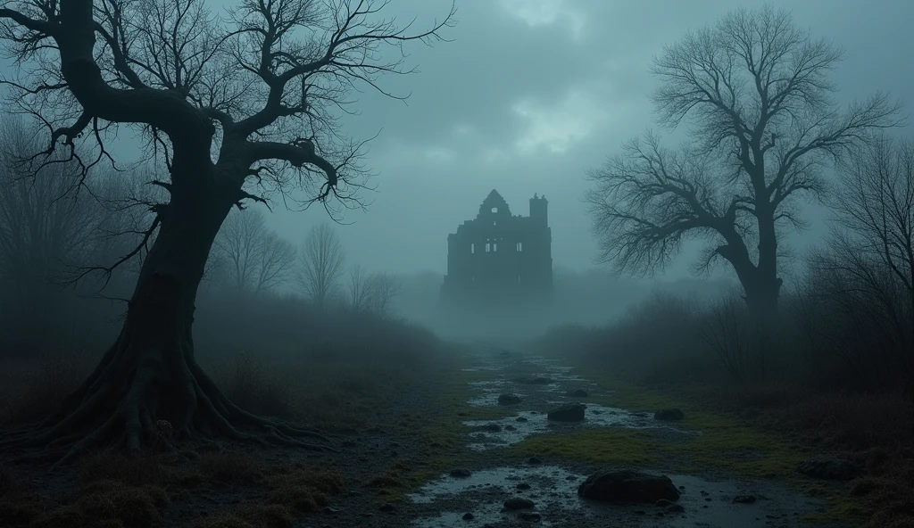 A dark, gloomy landscape shrouded in thick fog, with twisted, barren trees reaching out like skeletal fingers. The ground is uneven and damp, covered with patches of moss and scattered stones. The sky is heavy with dark clouds, casting deep shadows over the scene. In the distance, the silhouette of a dilapidated structure looms, partially hidden by the mist, adding to the sense of eerie solitude and unease.