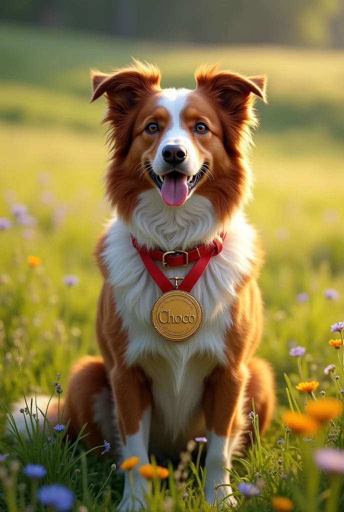An adult Border Collie,all brown,seated,Red necklace with a gold medal that says CHOCO,happy expression,in a meadow
