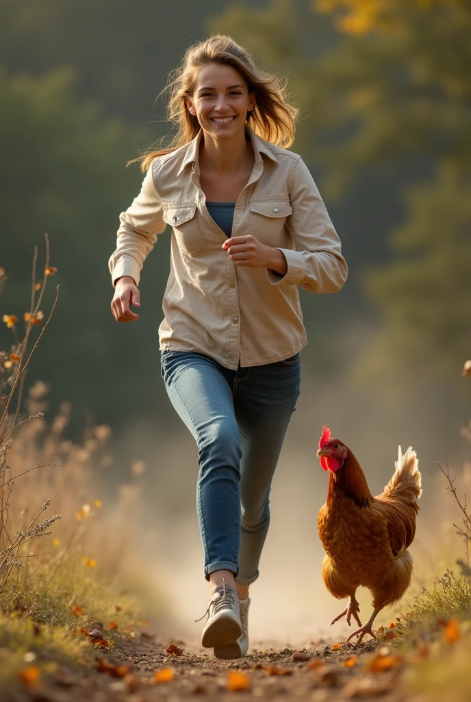 woman running after a chicken
