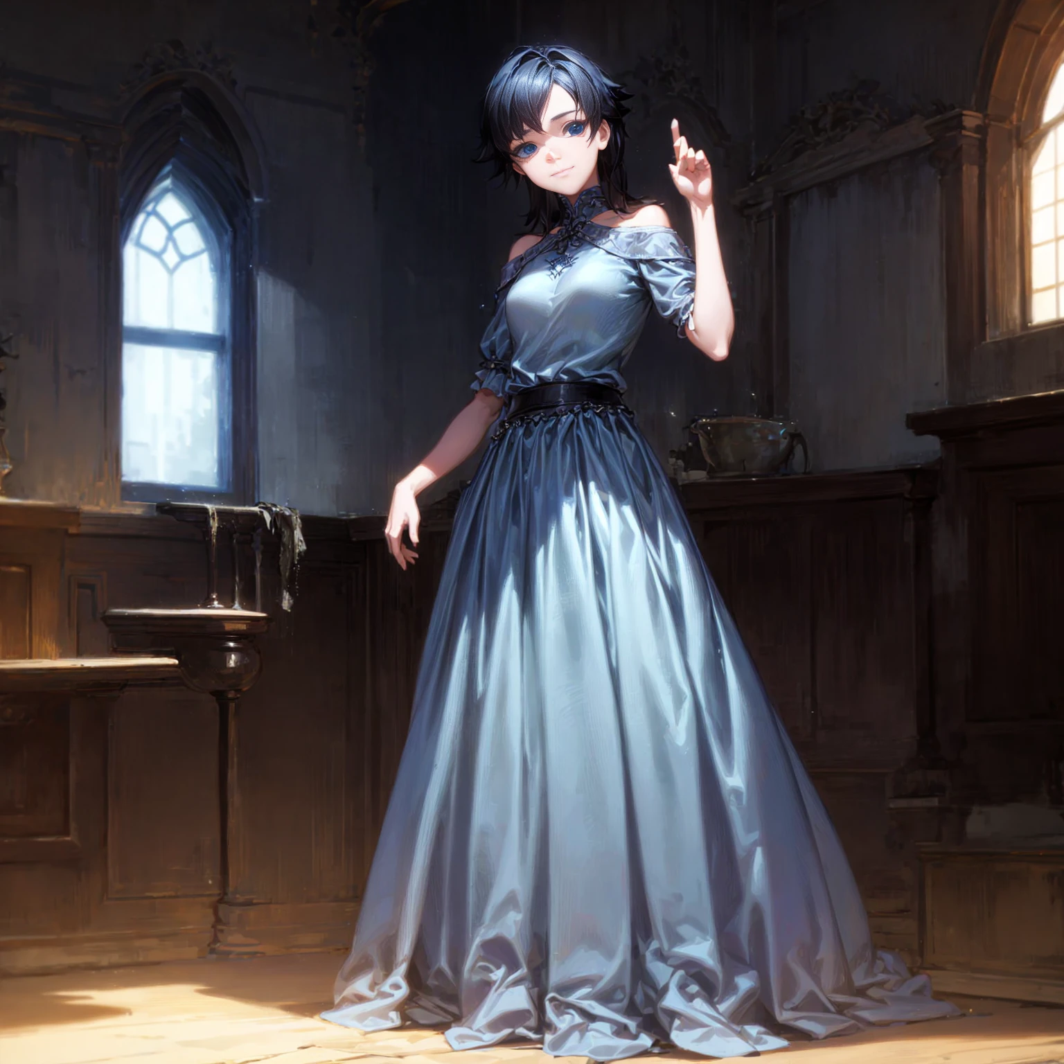 Solo character, young girl, full body version, blue eyes, black colour hair, shoulder length hair, blue long dress, long skirt, short shock, indoor, house, village, medieval , standing gesture, detailed hair, detailed background, sad eyes, smile mouth, (one piece style art), (dragon ball style art)