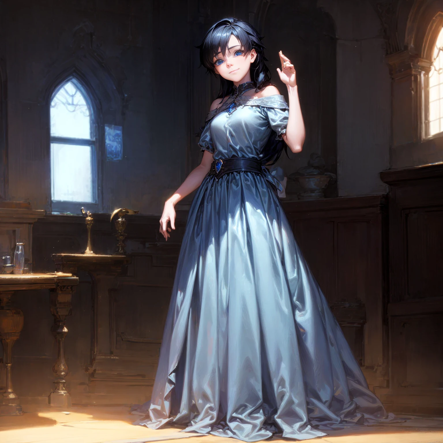 Solo character, young girl, full body version, blue eyes, black colour hair, shoulder length hair, blue long dress, long skirt, short shock, indoor, house, village, medieval , standing gesture, detailed hair, detailed background, sad eyes, smile mouth 