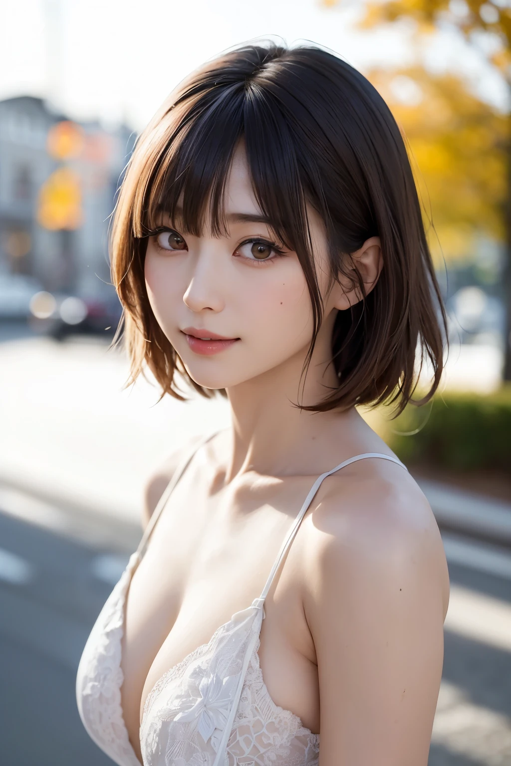 (masterpiece, Highest quality),One Girl, alone, hyper Realistic, Realistic,Realistic, Looking at the audience, Light brown eyes:1.4,Brunette Short Bob Hair with highly detailed shiny hair, Brightly colored winter clothes, Lepangas:1.4), Plein Air, Mouth closed, Upper Body、big chest eye、eyelash、{Huge|big|非常にbig|Mega} chest:2, chestの谷間:2、{Huge|big|expensive|Mega} chest:2, chestの谷間:2、The huge windows overlook the strait valley.、(((big chest eye、Short Bob Hair、Glowing Skin、Shiny Hair、Student Highlights、Gazing at the audience、She is very beautiful and cute、Listen carefully、Long neck、smile、Close your mouth and smile、bangsと美しい歯、bangs、Perfect Anatomy)))、Ideal body type、(Snowy tree-lined road in winter in Norway, Out of focus background)、美しいLong neck:1.4、Very attractive, 美しくてかわいいVery attractive女性、