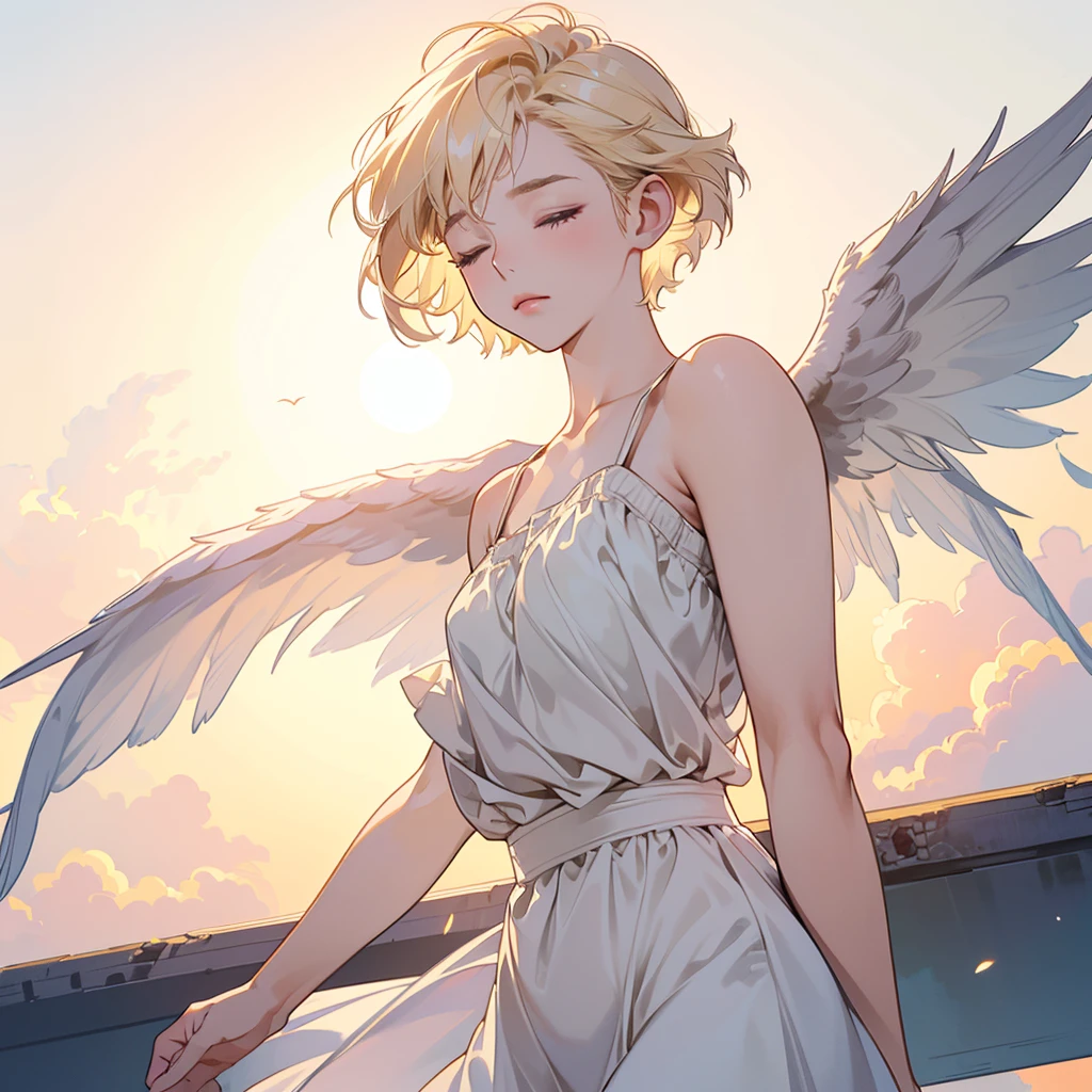 upper body, 1 woman, top quality, 8K, wind blowing, (praying pose:1.2), White camisole, sunrise, both eyes closed, ((eyes closed:1.4)), white cloud, skyscraper, girl with big wings, (((mysterious))), (short hair:1.4), light brown hair, detailed hair, complex background, light lighting, backlight, dim, (((view from below)))