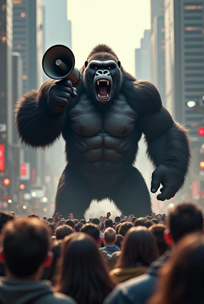 Gorilla calling out to the crowd,The gorilla is holding a megaphone