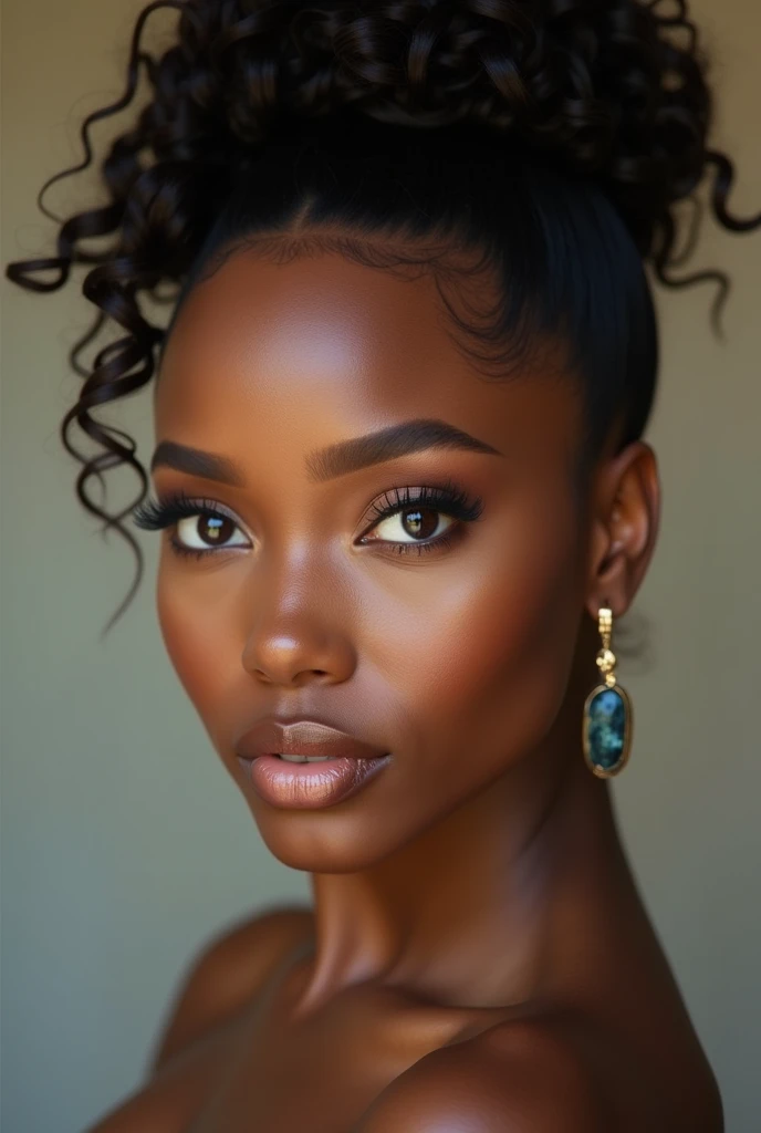 there is a black woman , the woman has her hair slicked back in to a tight curl bun and her baby hairs are styled, she has brown skin, with dark brownish skin, with she is taking a long shot selfie