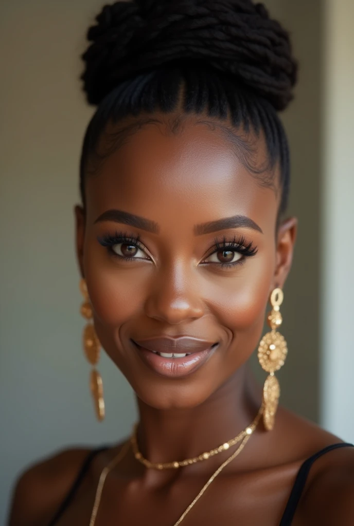 there is a black woman , the woman has her hair slicked back in to a tight curl bun and her baby hairs are styled, she has brown skin, with dark brownish skin, with she is taking a long shot selfie
