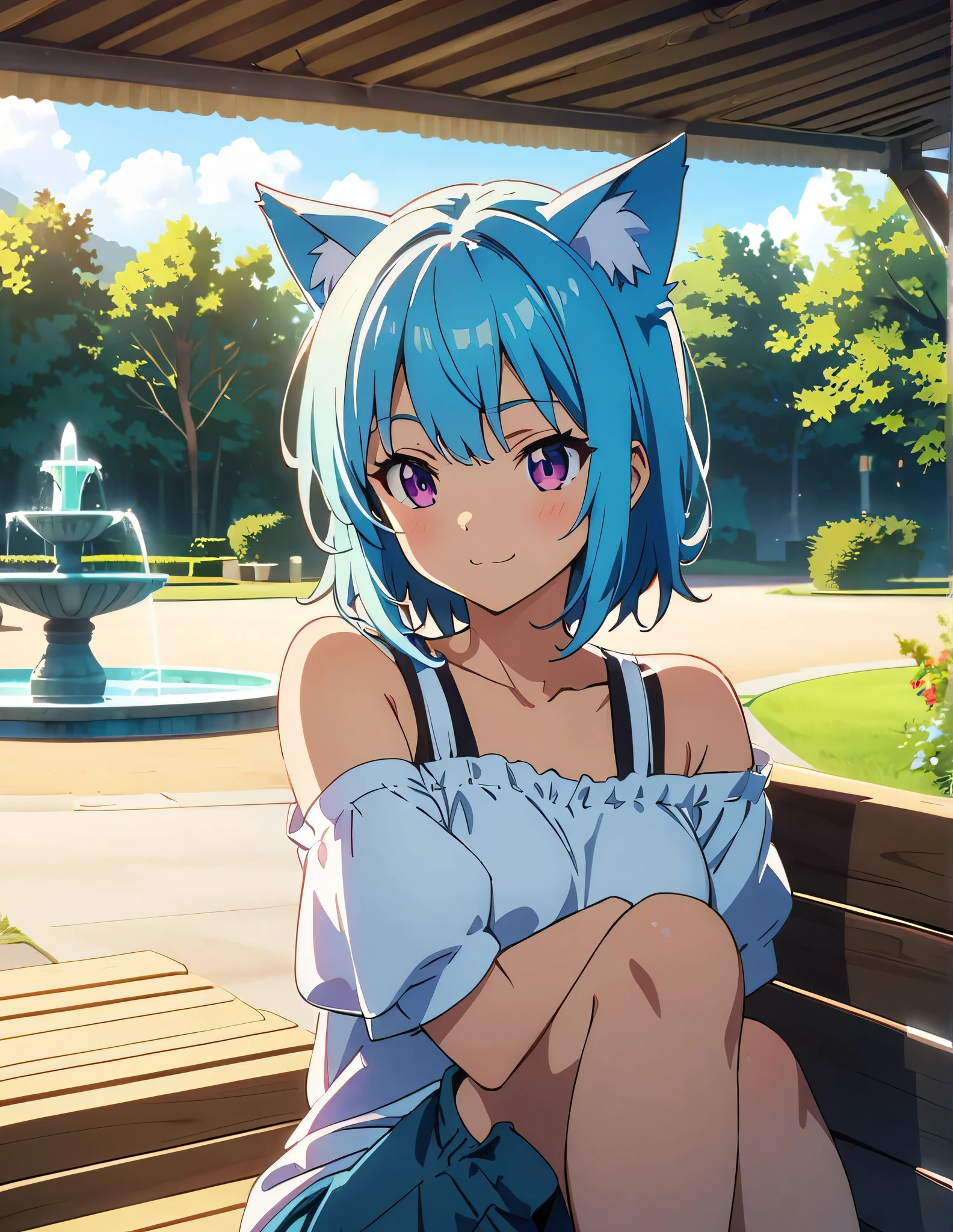 (anime artwork, anime style, studio anime, very detailed, up to date, vibrant, Anime Coloring, high contrast, masterpiece:1.2, best quality, best aesthetics),{{summer clothes}},1girl,happy,light,Mullet hair,park,Water fountain, sexy pose,(cat ear:1.5), ultra-detailliert, summer, sit,Bench,blue hair,