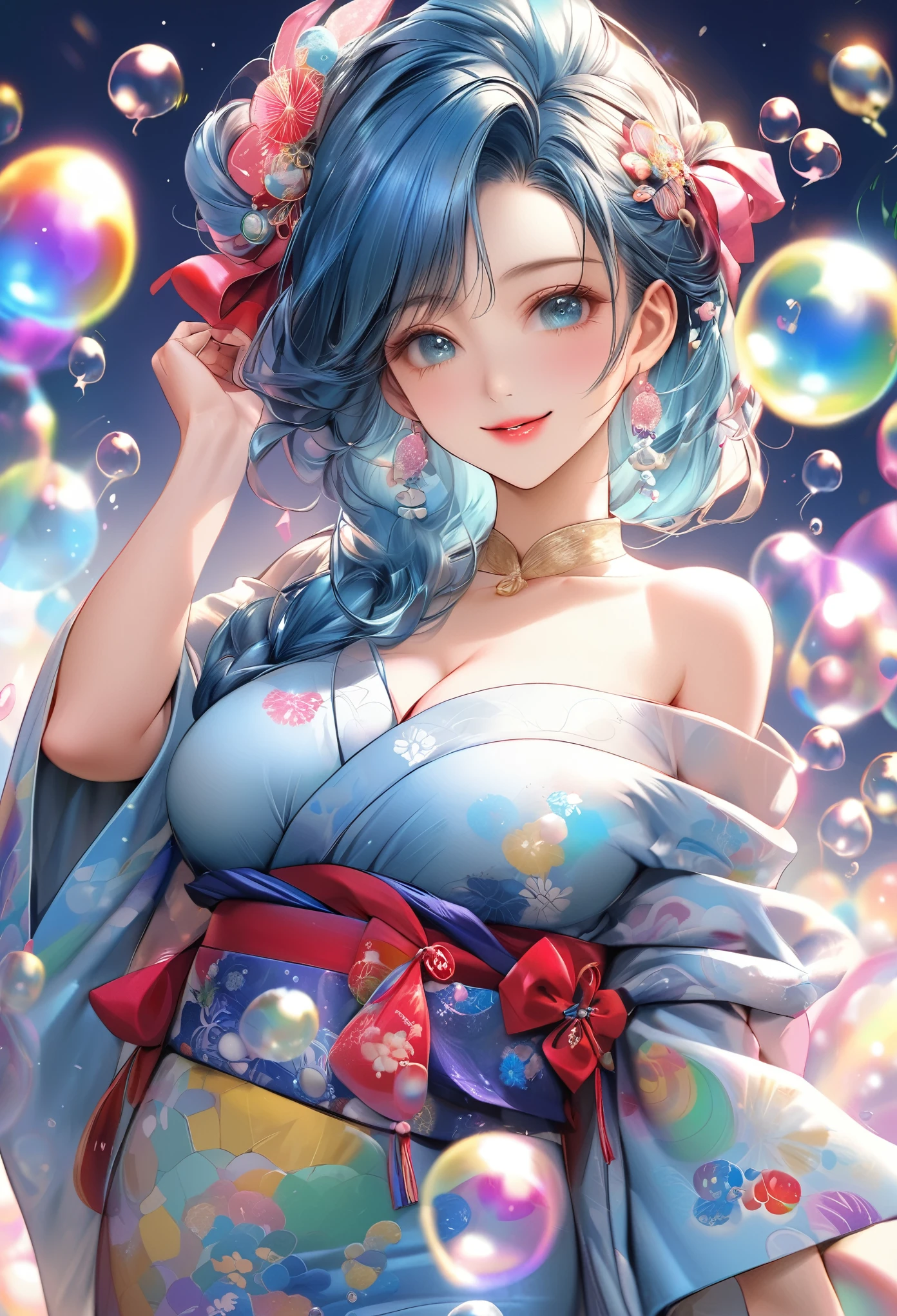 {worst quality, low-quality}, ((a closeup)), (girl with:1.2), (Big breasts), (A turquoise blue-haired, short-cut:1.3), plump shiny lips, Beautiful clear eyes, (The best smile), Spoken Heart, (perfect hand:1.2), (bubbles theme:1.4), (Japanese courtesan girl with:1.3), (Comes with maxi length Blue kimono [yellow] Obi:1.4), (Highly detailed and colorful embroidery and fancy firework patterns :1.3), (off shoulders:1.4), (geta:1.2), (Fancy hair ornaments:1.3), ((super huge ribbon:1.2) in front of the waist:1.3), low angle shot, (beautiful rainbow colored soap bubbles1.4), (rainbow colored soap bubbles background:1.2), masutepiece,Best Quality,ultra-detailliert, ​masterpiece,