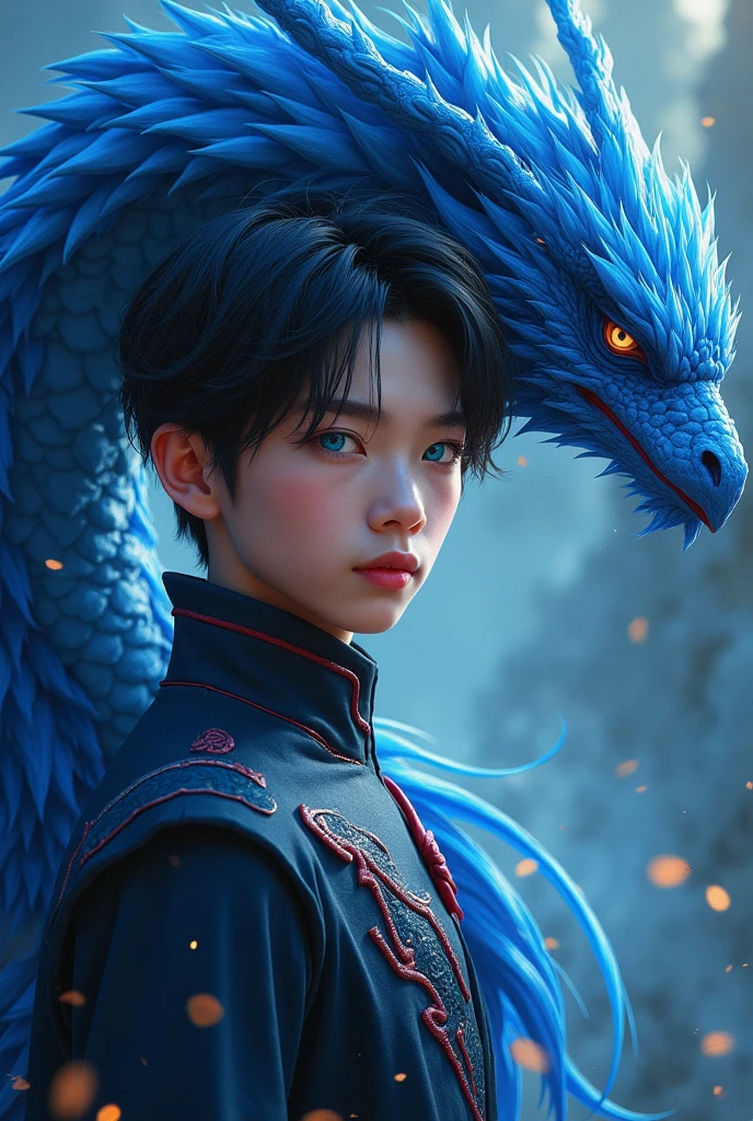 A prince with black hair and red tips, blue eyes his hair is short. Behind him a blue phoenix dragon, pink lips white skin and American features. 
