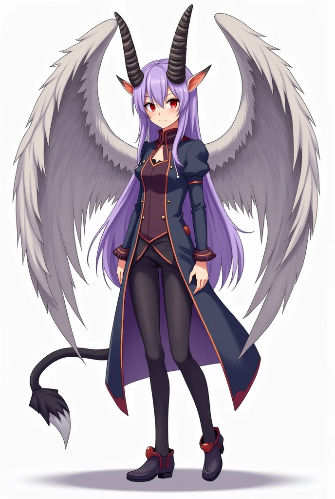 a tall girl, 1.72 m, RussianJapanese, in the world Boku No Hero Academy, with large white wings with grey tips, Red eyes that fade to orange and yellow at the end, ua men's uniform, large horns similar to those of a goat, tail ending in a point, The tail and horns are dark grey., to dark purple and end in black at the tip, Pointed ears like an elf's, purple hair with white streaks, pale cream skin tone, Dark circles and lavender lips