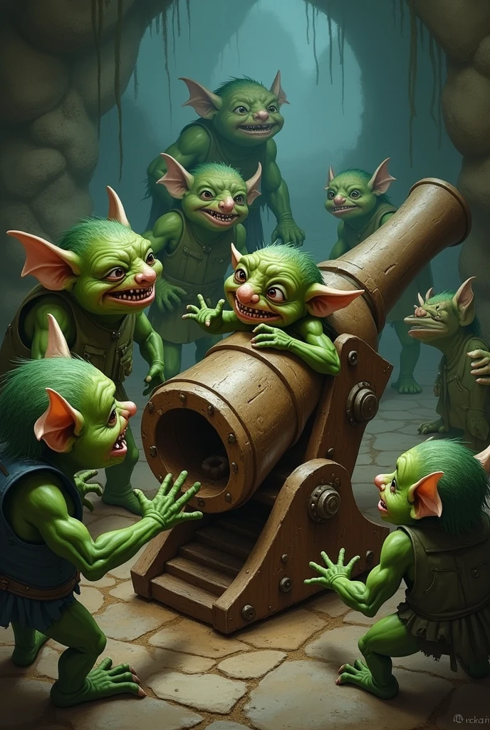 A bunch of green goblins lighting a cannon with a gagged, shocked-looking human inside it