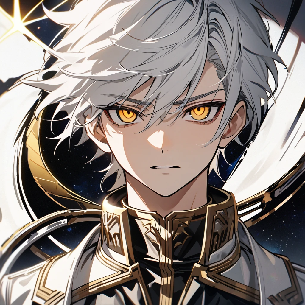 High quality, HD, 4k, no shadows, handsome male, 1male, , teenager, shwhite hair, silver hair, white hair, sharp eyes, dark golden colored eyes, deep golden eyes, dark gold eyes, gold eyes, devil may cry, close up, calm expression, stoic expression, black leather clothes, white leather clothing, lean body, well trained body, upper body, looking at viewer, cowboy shot, white solar, space background