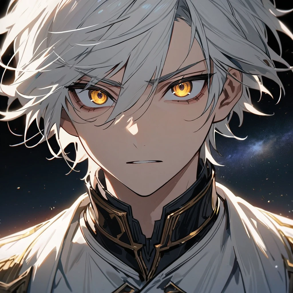 High quality, HD, 4k, no shadows, handsome male, 1male, , teenager, shwhite hair, silver hair, white hair, sharp eyes, dark golden colored eyes, deep golden eyes, dark gold eyes, gold eyes, devil may cry, close up, calm expression, stoic expression, black leather clothes, white leather clothing, lean body, well trained body, upper body, looking at viewer, cowboy shot, white solar, space background