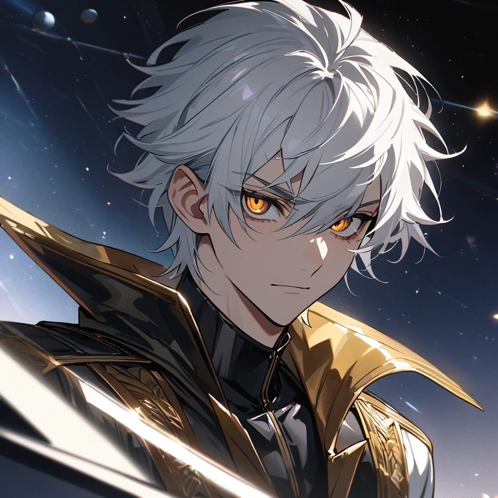 High quality, HD, 4k, no shadows, handsome male, 1male, , teenager, shwhite hair, silver hair, white hair, sharp eyes, dark golden colored eyes, deep golden eyes, dark gold eyes, gold eyes, devil may cry, close up, calm expression, stoic expression, black leather clothes, white leather clothing, lean body, well trained body, upper body, looking at viewer, cowboy shot, white solar, space background