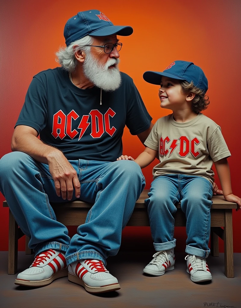 Masterpiece, cinematic, oil on canvas painting of a generation x grand parent an his grandson, they wearing newsboy cap, t-shrti with "AC/DC" text logo, adidas sneakes, stone washed blue jeans, insanely detailed and intricate, Don Lawrence style