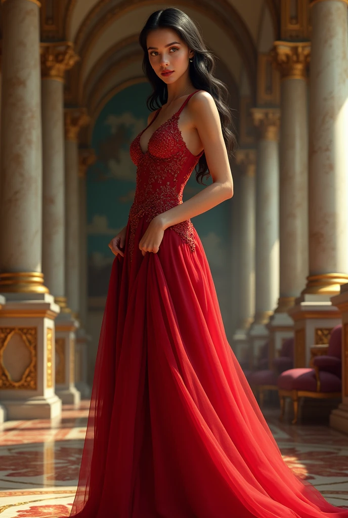 isabella in a red flared dress posing in a palace