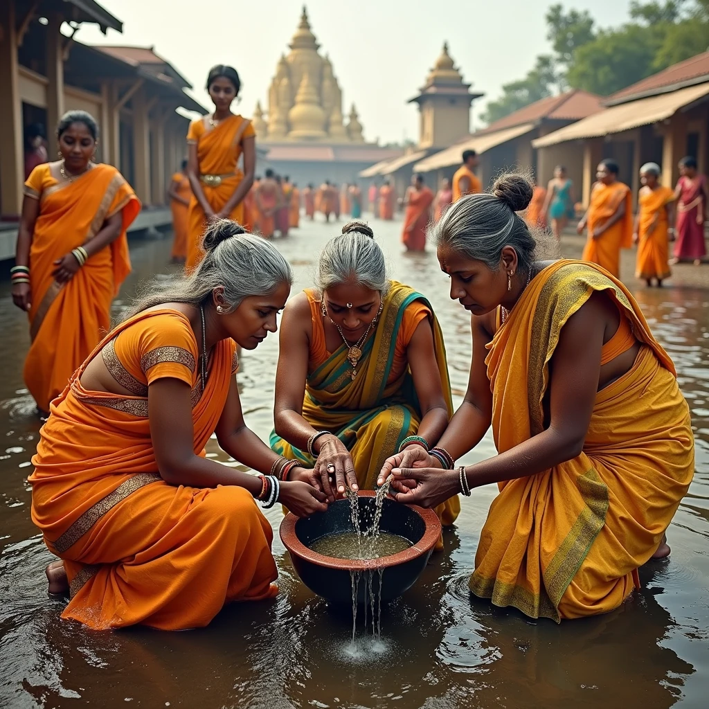indian kali temple,three eldery indian ladies in sarees,they kneeled down,bend over & hands on the ground,healthy volume hairs,Flooded with 10000p liters of oil,hairs like oil pulp,whipping their hairs,hairlines are all together till the end,