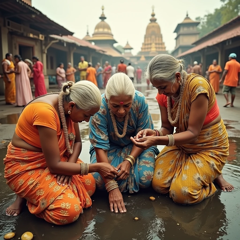 indian kali temple,three eldery indian ladies in sarees,they kneeled down,bend over & hands on the ground,healthy volume hairs,Flooded with 10000p liters of oil,hairs like oil pulp,whipping their hairs,hairlines are all together till the end,