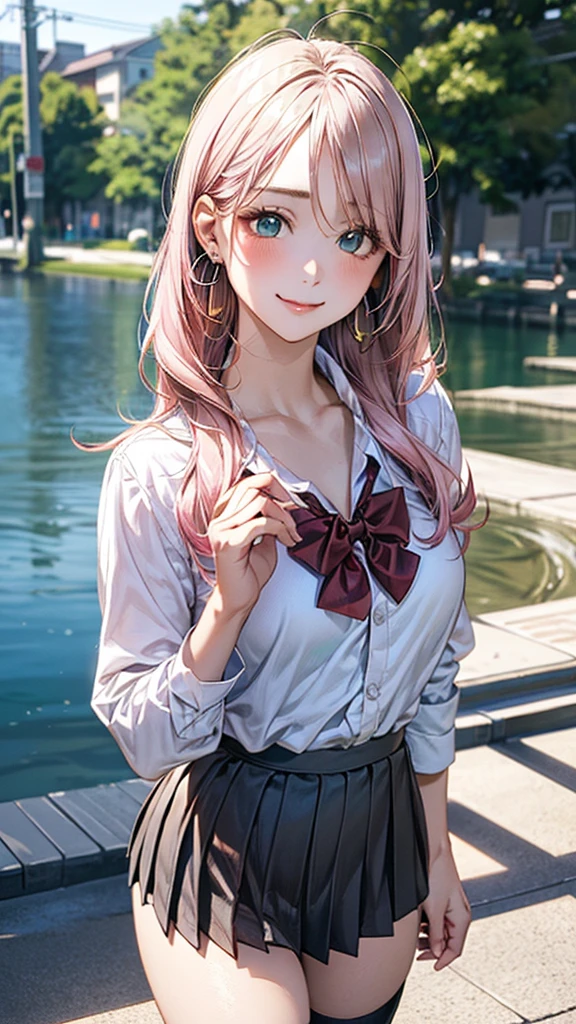 (masterpiece:1.2, top-quality), (realistic, photorealistic:1.4), beautiful illustration, (natural side lighting, movie lighting),
looking at viewer, cowboy shot, front view:0.6, 1 girl, japanese, high school girl, perfect face, cute and symmetrical face, shiny skin,
(long hair:1.8, straight hair:1.7, light pink hair), parted bangs, emerald green eyes, long eye lasher, (large breasts:0.9, thick thighs),
beautiful hair, beautiful face, beautiful detailed eyes, beautiful clavicle, beautiful body, beautiful chest, beautiful thigh, beautiful legs, beautiful fingers,
((Sexy bra, grey pleated mini skirt, , black socks, brown loafers, red bow tie)), hoop ring earrings, pink panties,
(beautiful scenery), evening, riverside, walking, hands on chest, (lovely smile, upper eyes), with twin sister