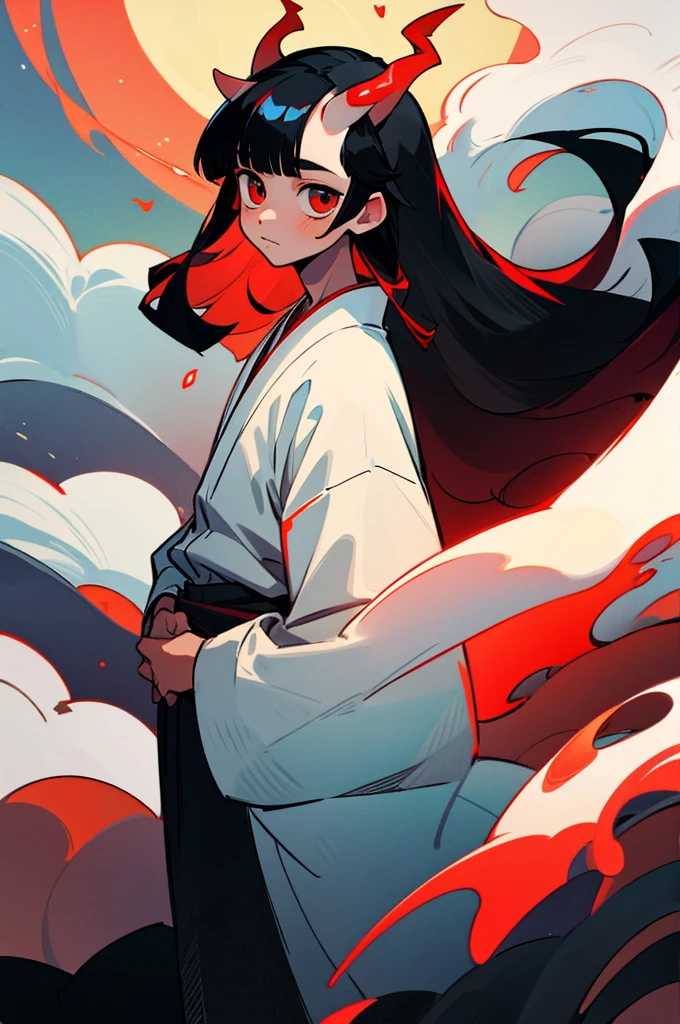 1boy,young,white kimono,red horns forehead,very long black hair with long bangs,night