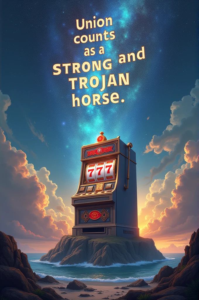 "Union counts as a strong and Trojan horse" written in heaven , an island with a giant slot machine with the number "777" on the screen 