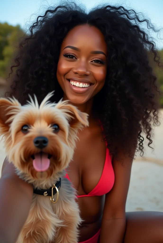 there is a black woman , the woman has curly black curly, she has brown skin, with dark brownish skin, with long curly, long black curly hair she is taking a long shot selfie in a bikini while holding her Yorkshire terrier