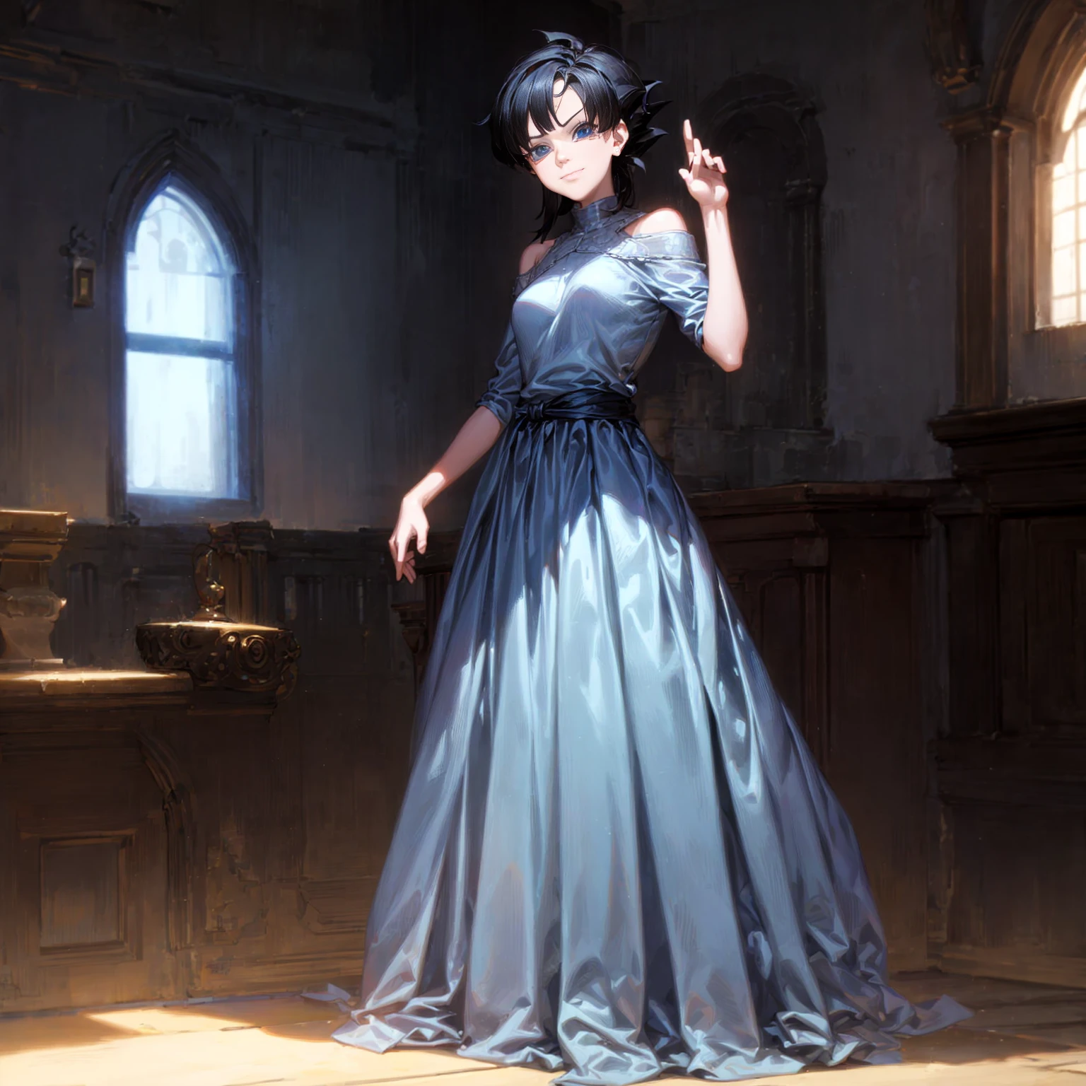 Solo character, young girl, full body version, blue eyes, black colour hair, shoulder length hair, blue long dress, long skirt, short shock, indoor, house, village, medieval , standing gesture, detailed hair, detailed background, sad eyes, smile mouth, (one piece style art), (dragon ball style art)