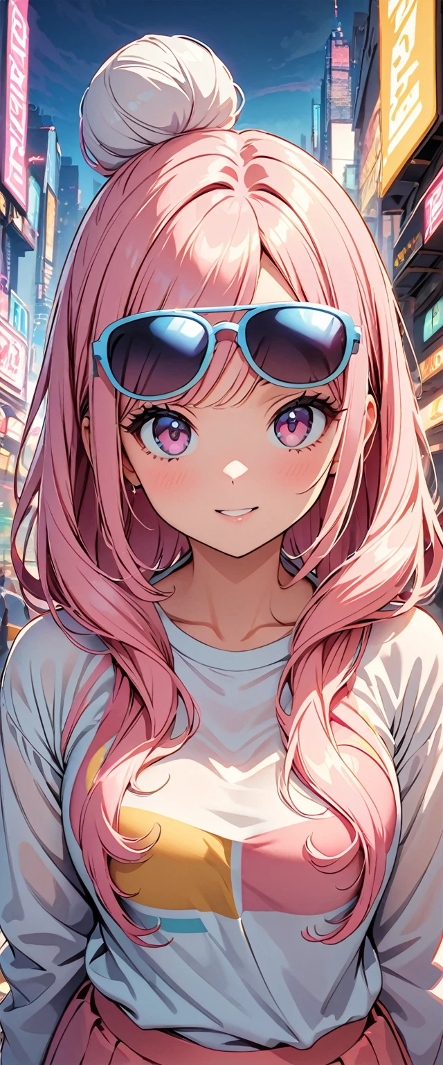 (Highest quality:1.2、City Pop Style、Very detailed、up to date、vivid、High contrast、masterpiece:1.2、Highest quality、Best aesthetics)、girl、Colorful Hair、(Hair Ribbon:0.4), Pink Eyes,(((White bun hair))),(((Pink long hair)))、Pastel colors、1980s Style、((Future metropolis、Retro、vintage))、Logo Jumper、(Sunglasses on head)。
