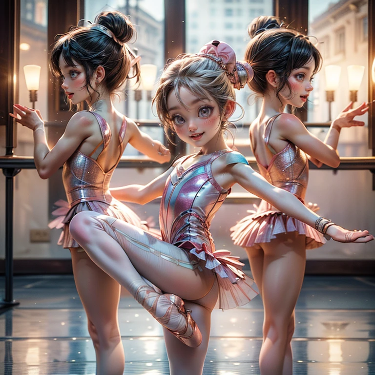 ExtremelyDetailed (((Ballet Dancer Team Kawaii Kids in a row:1.4))), Childish perfect face, Reflective Eyes, Detailed(Delicate Clothing textures), Corrected Leg to Foot Line, Corrected Childish Hand, Dynamic Joyful Expressions LifeLike Rendering, ((Specular Reflection:0.8)), TopQuality 8K Ultra-detailed masterpiece (ProfessionalPhoto:1.37)(Acutance:0.8),(Luminism:1.28), facing away (from side ) Assfocus