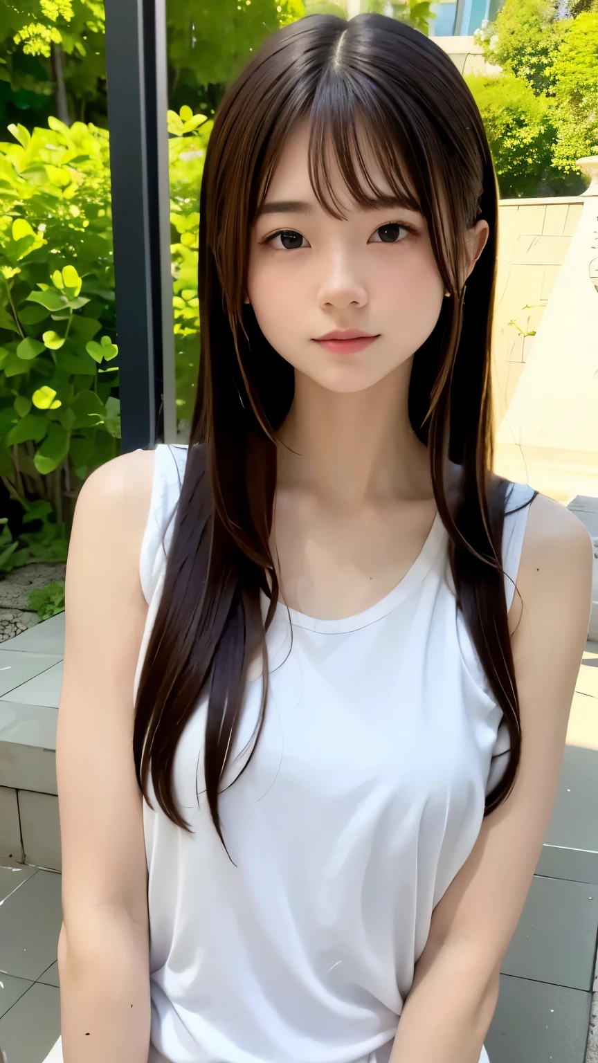 Highest quality、masterpiece、Tabletop、RAW Photos、Film Grain、High resolution、Very detailed、break、Perfect Anatomy、One Woman、、Cute Face、Brown Hair、Straight hair、Short Bob:1.37、White camisole、Light blueＴshirt、Small breasts:1.7、break、Outdoor、Summer Park、erupt