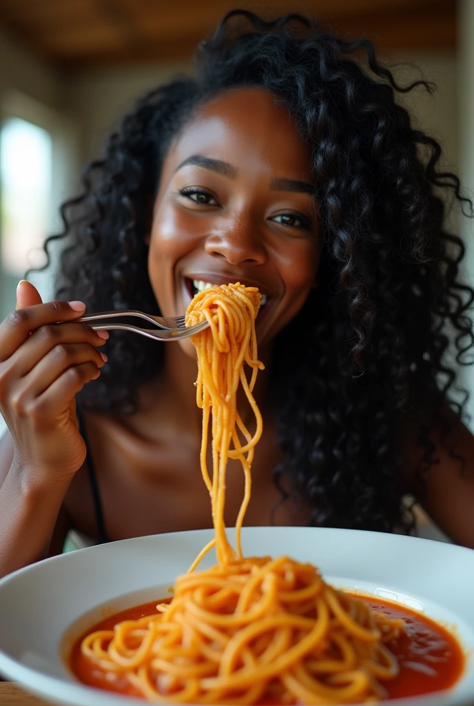  there is a black woman , the woman has curly black curly, she has dark skin, with dark brownish skin, with long curly, long black curly hair she is taking a long shot selfie whilst eating spaghetti 🍝 