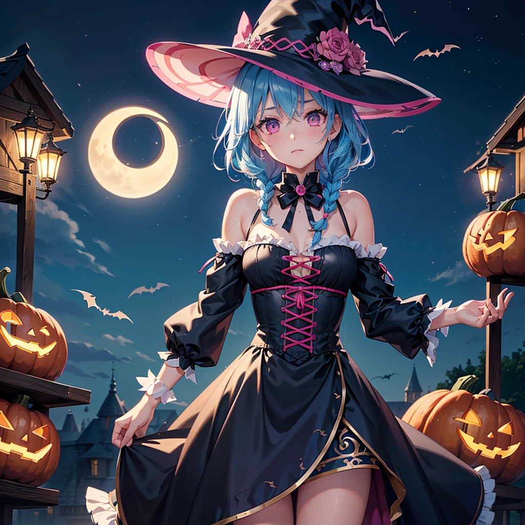 (Sky blue hair), (Braided medium hair),(Pink Eyes),Fair skin) ,(whole body),(One Girl),(Crescent Moon),(There are lots of pumpkin ghosts in the background),(If you don't give me sweets, I'll play a prank on you.),Halloween Night Party),(masterpiece, Highest quality, Very detailed, Best Shadow), (Detailed Background), (Beautifully detailed face), High Contrast, (Best lighting, Very delicate and beautiful), ((Cinematic Light)), Hyper Detail,8k, Dramatic Light, Intricate details,Cute witch outfit,night,(Bats flying in the background),
