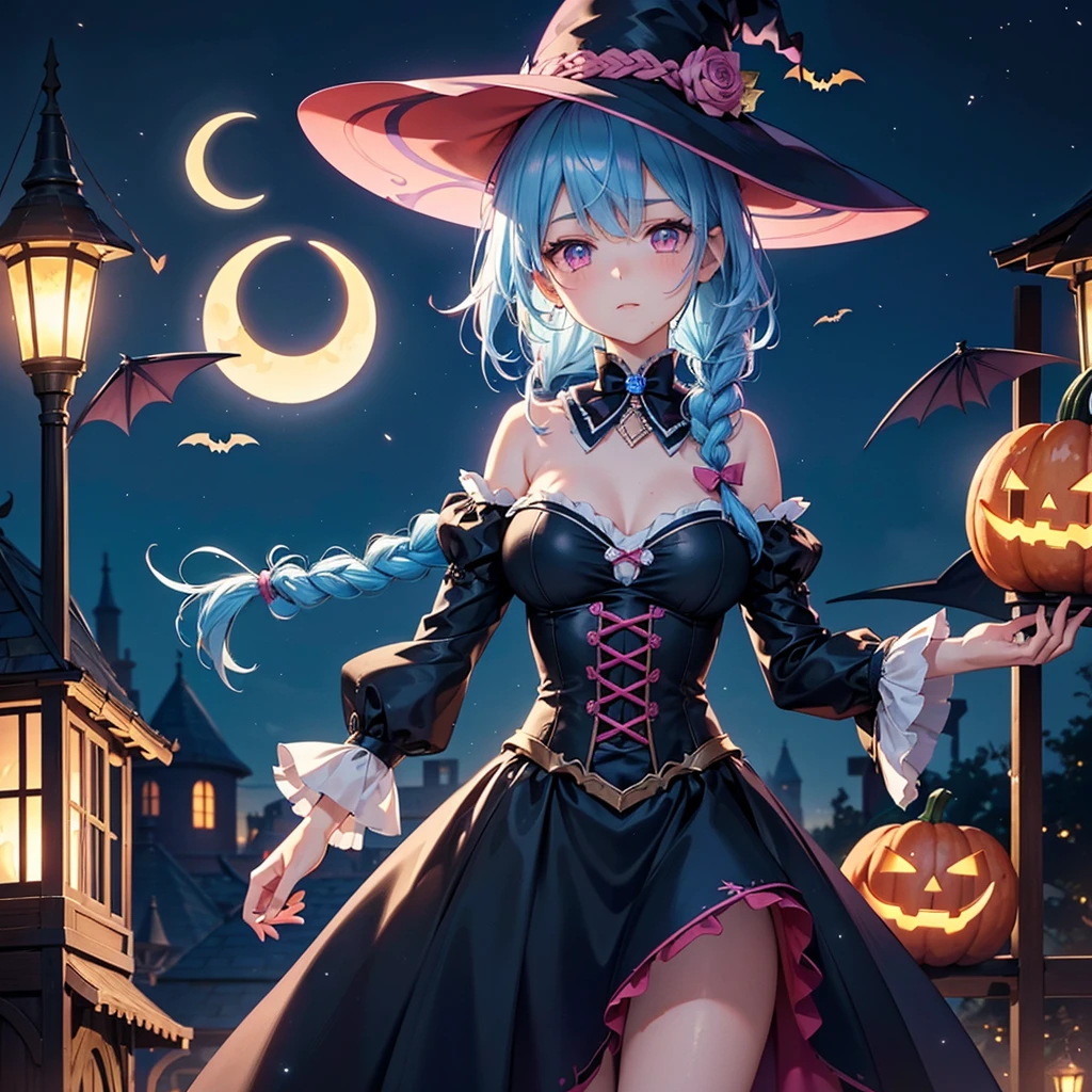 (Sky blue hair), (Braided medium hair),(Pink Eyes),Fair skin) ,(whole body),(One Girl),(Crescent Moon),(There are lots of pumpkin ghosts in the background),(If you don't give me sweets, I'll play a prank on you.),Halloween Night Party),(masterpiece, Highest quality, Very detailed, Best Shadow), (Detailed Background), (Beautifully detailed face), High Contrast, (Best lighting, Very delicate and beautiful), ((Cinematic Light)), Hyper Detail,8k, Dramatic Light, Intricate details,Cute witch outfit,night,(Bats flying in the background),