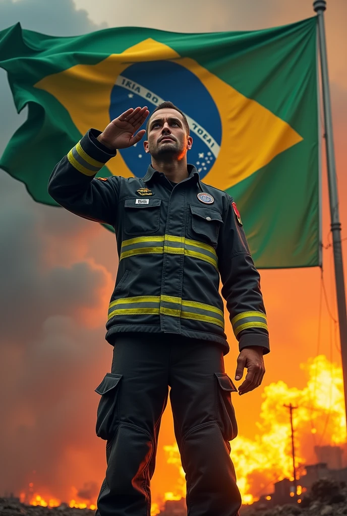 
Create an image of a firefighter saluting the Brazilian flag