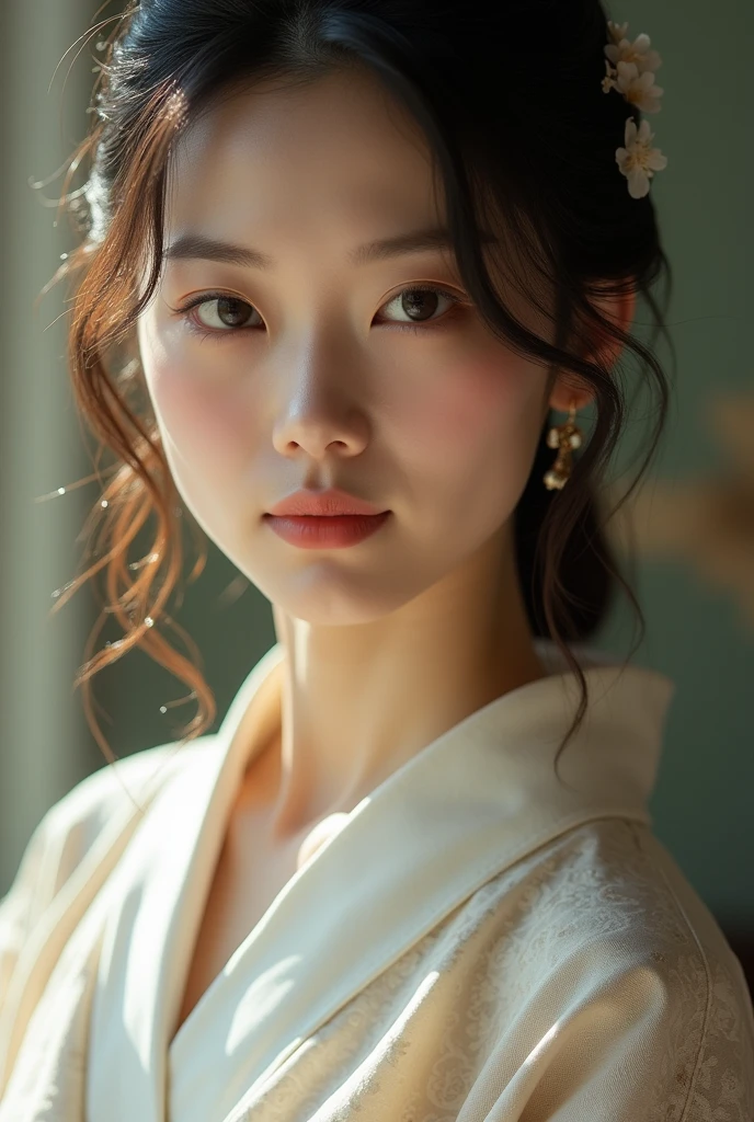 An elegantly dressed Japanese woman in natural light、A close-up of her chest and calm expression.、It shows her inner peace and outer charm.。
