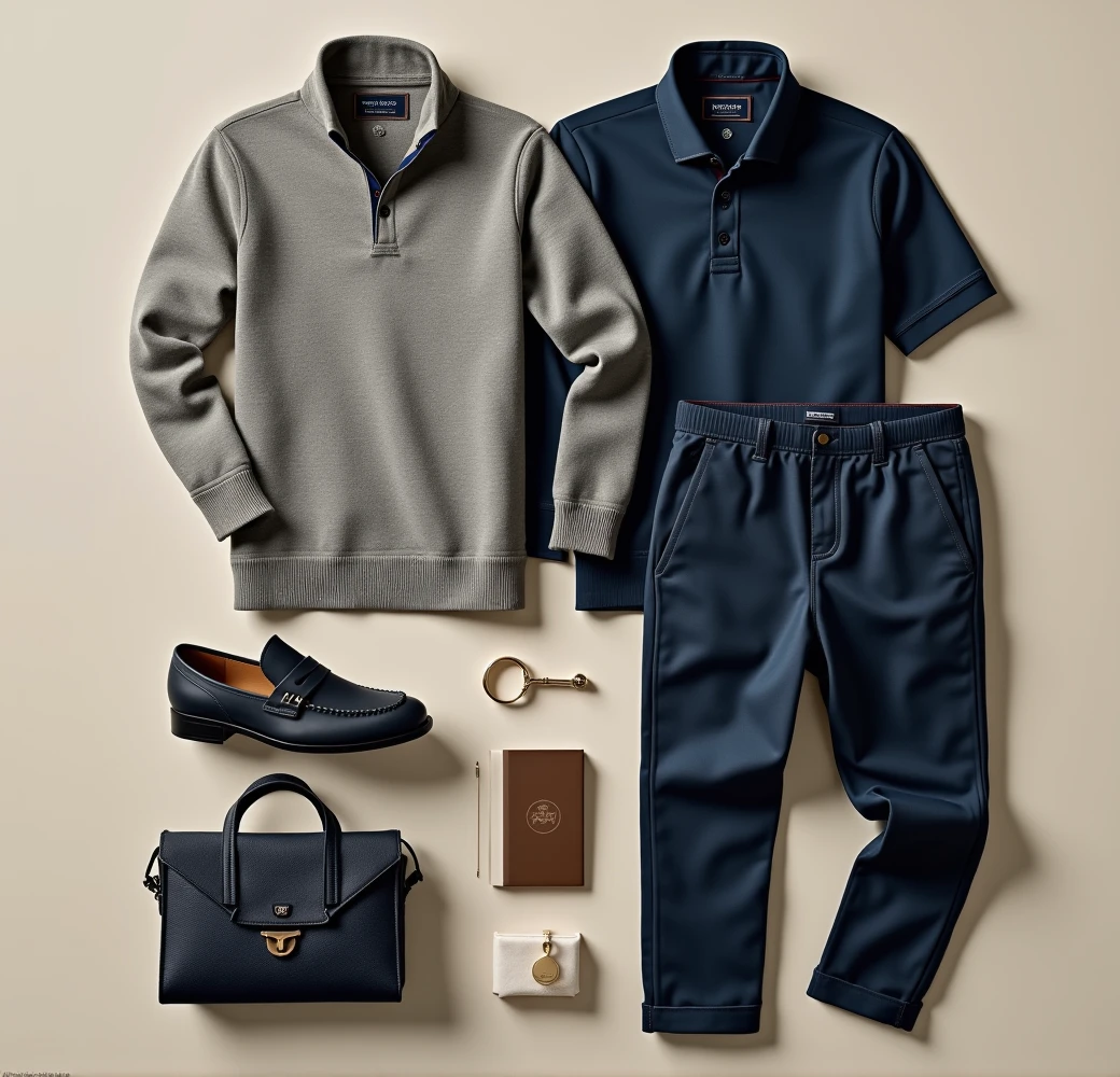 Create a sophisticated and stylish branding concept inspired by the ‘Old Money’ aesthetic. The design should feature a classic man, timeless look with a modern twist, incorporating elements such as knitted polo shirts, solid colors, and business casual attire. Focus on elegance, luxury, and understated sophistication. Use a color palette that includes neutral tones like grey, beige, and navy blue. The overall vibe should exude confidence, refinement, and a sense of heritage.”