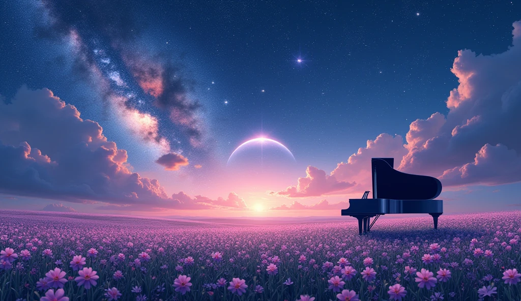 「Starry Skyの下、グランドpianoが置かれたFlower Field、青いグランドpiano、nebula、Fantastic landscape」
「グランドpiano、Starry Sky、planet、universe、Mysterious atmosphere、Digital Art」
「piano、Flower Field、Fantastic landscape、Silence、Lonely」