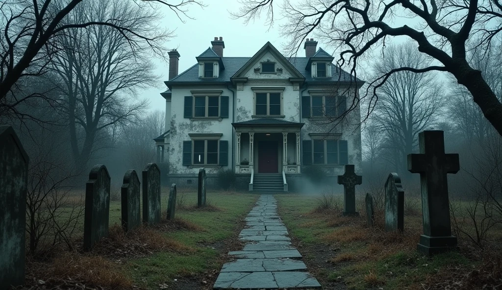 A slightly overcast, eerie landscape featuring an old, abandoned mansion with peeling paint and broken windows. The surrounding garden is overgrown with tangled, twisted vines and lifeless trees. A narrow, winding path leads to the front door, with faded stone statues and cracked gravestones lining the way. A faint mist hovers near the ground, and the atmosphere is unsettling yet not entirely dark, with the dim light casting long, shadowy shapes that enhance the sense of being in a haunted, creepy place.