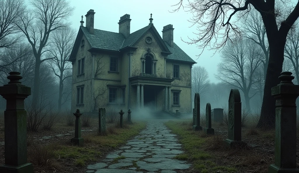 A slightly overcast, eerie landscape featuring an old, abandoned mansion with peeling paint and broken windows. The surrounding garden is overgrown with tangled, twisted vines and lifeless trees. A narrow, winding path leads to the front door, with faded stone statues and cracked gravestones lining the way. A faint mist hovers near the ground, and the atmosphere is unsettling yet not entirely dark, with the dim light casting long, shadowy shapes that enhance the sense of being in a haunted, creepy place.