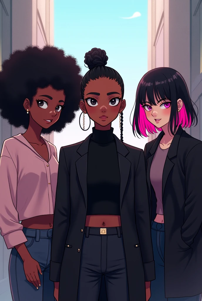 E-girl in light pink blouse, e com cabelo Black Power cacheado, and E-girl with black coat and curly black Power hair, and another e-girl with a black coat, straight hair with pink bangs, a little towards the shade of red, with the rest of her hair black, and a dark-skinned man with short hair shaved on the side, with a thick cord, with a black blouse