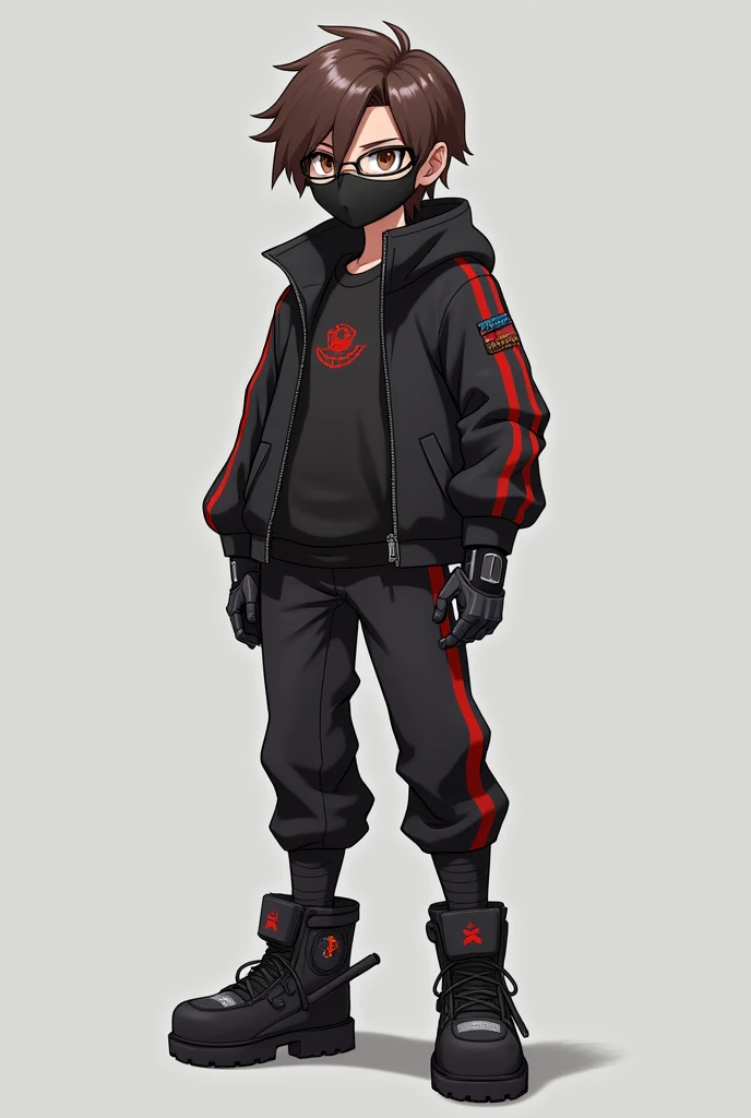 A boy with brown hair raised with dark glasses wearing a black jacket with red stripes and other details,as well as using a black mask , wear black pants with red stripes and finally wear a pair of robotic boots and a gamer logo from the shoulder up